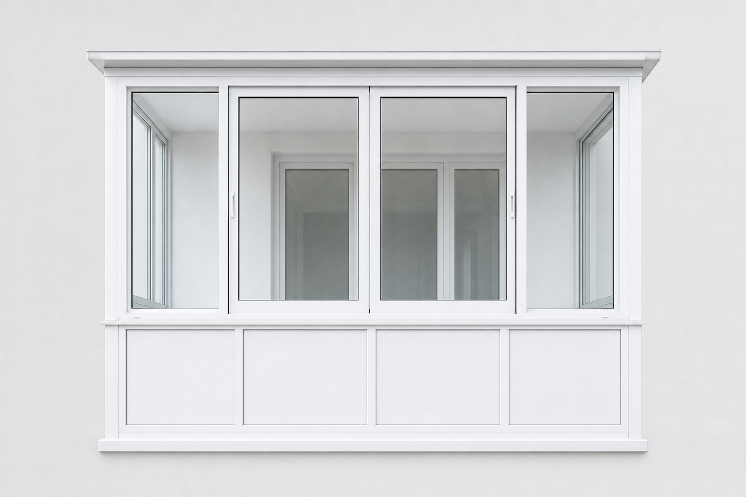 Balcon standard închis cu geamuri termopan PVC alb — vedere frontală