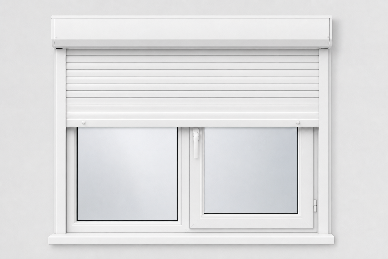 Fereastră cu rulou exterior din aluminiu alb, lamele coborâte parțial